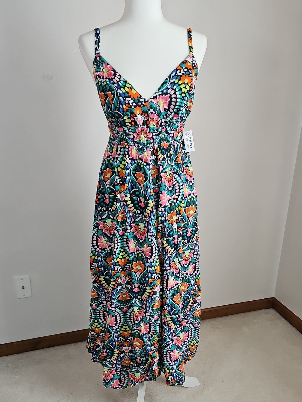 Old Navy NWT SM Scarf Hem Midi Dress Vibrant Floral Babydoll Boho Hippie Beachy